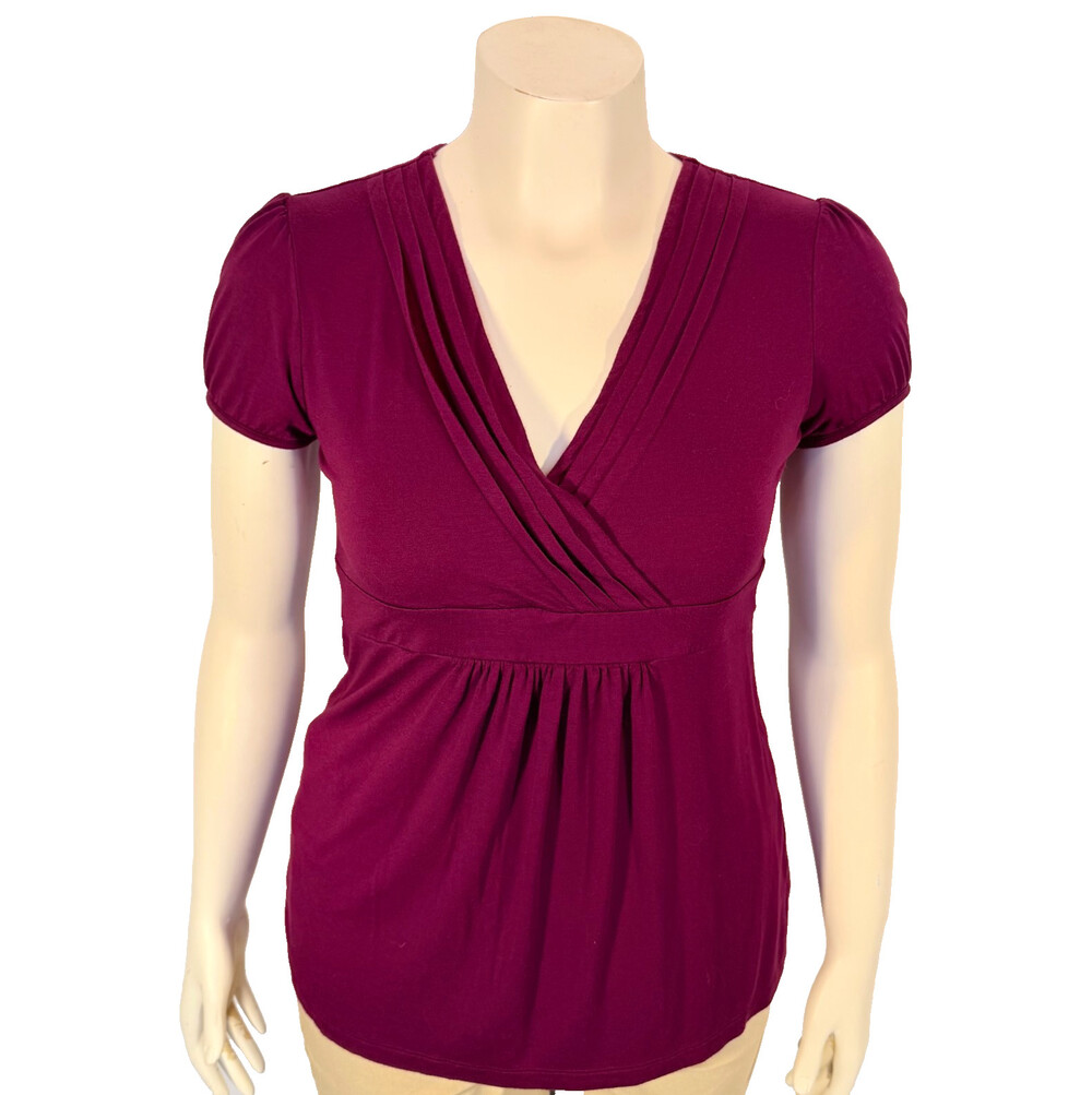LOFT Peplum Top Blouse Women's Size M Purple Fuschia Wrap V-Neck Short Sleeve